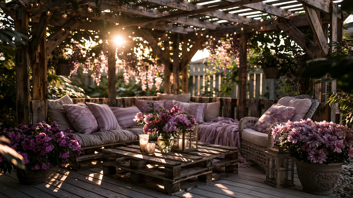 Budget DIY pallet-wood pergola on a small patio with cushions, photo 1 of 4