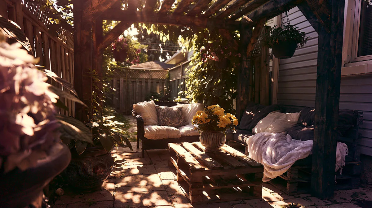 Budget DIY pallet-wood pergola on a small patio with cushions, photo 2 of 4