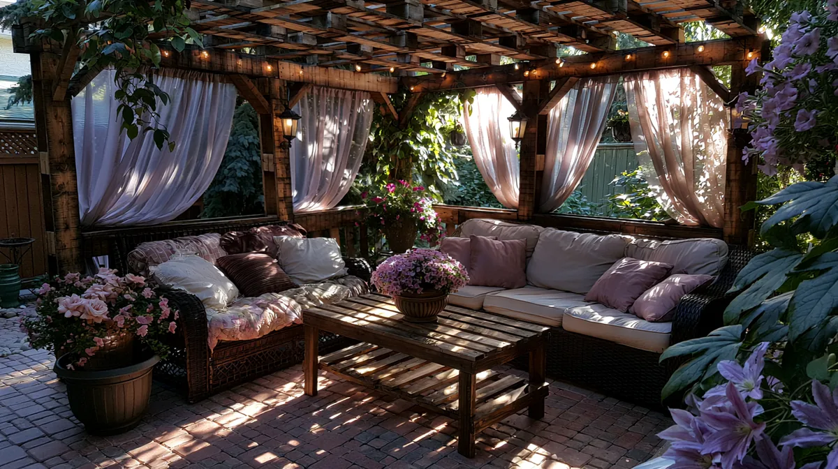 Budget DIY pallet-wood pergola on a small patio with cushions, photo 3 of 4