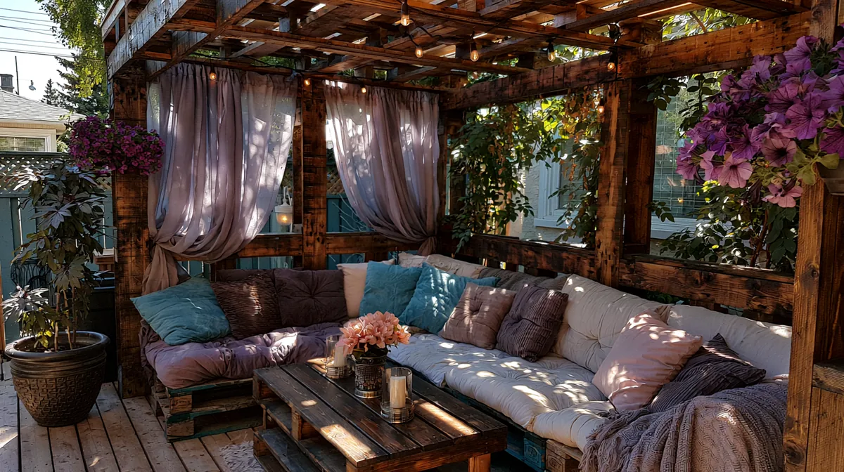 Budget DIY pallet-wood pergola on a small patio with cushions, photo 4 of 4