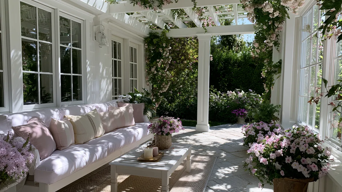 Clean white vinyl pergola over a bright cottage patio, photo 1 of 4