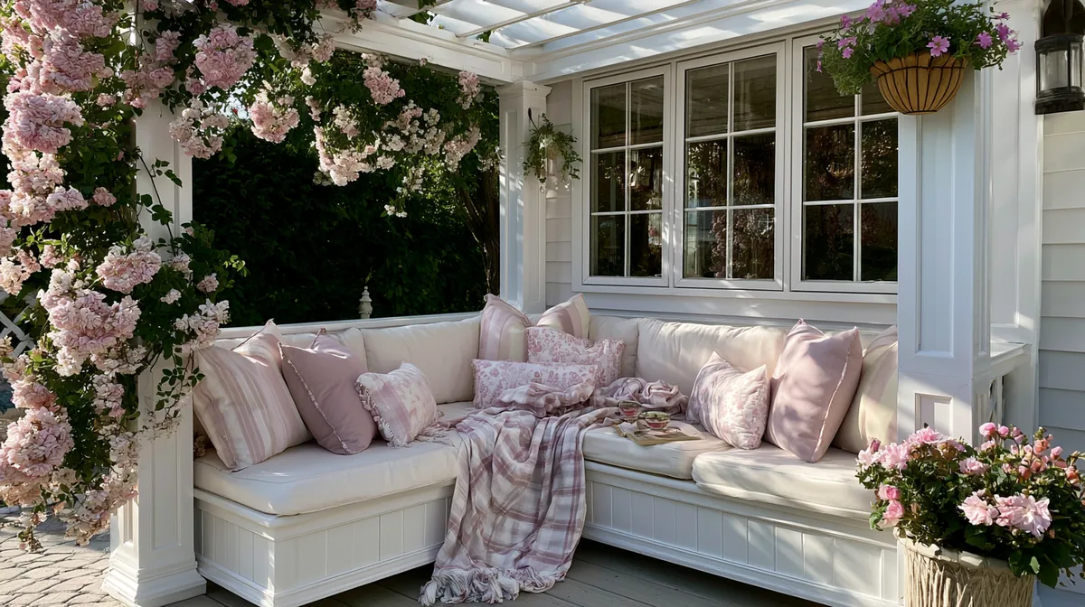 Clean white vinyl pergola over a bright cottage patio, photo 2 of 4