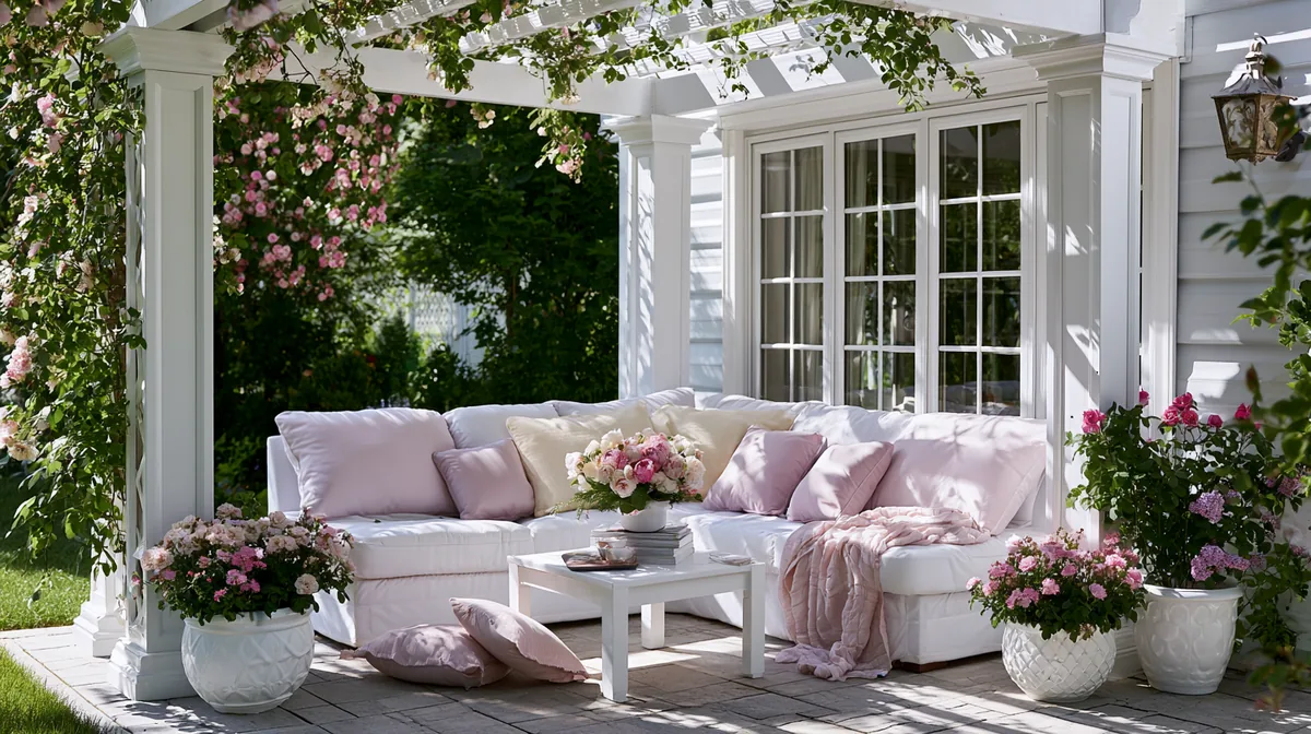 Clean white vinyl pergola over a bright cottage patio, photo 3 of 4