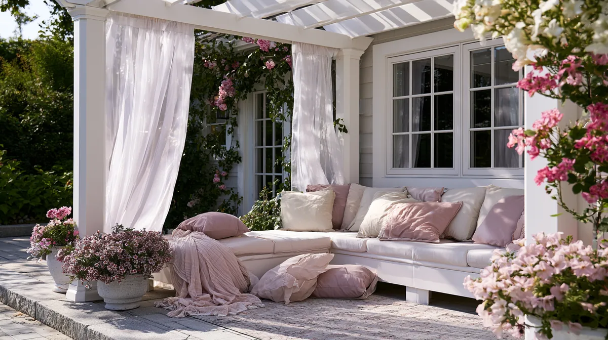Clean white vinyl pergola over a bright cottage patio, photo 4 of 4