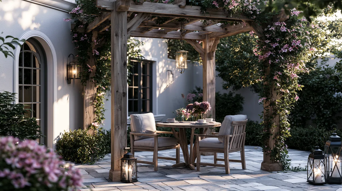 Compact freestanding wooden pergola on a paved patio, photo 1 of 3