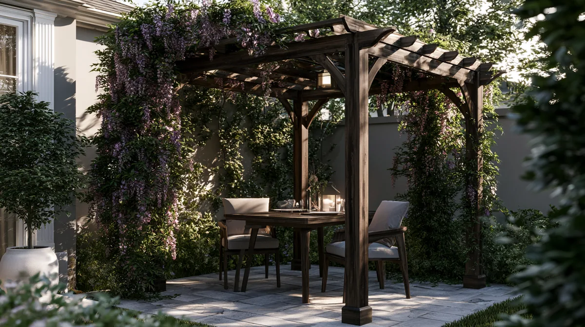 Compact freestanding wooden pergola on a paved patio, photo 2 of 3