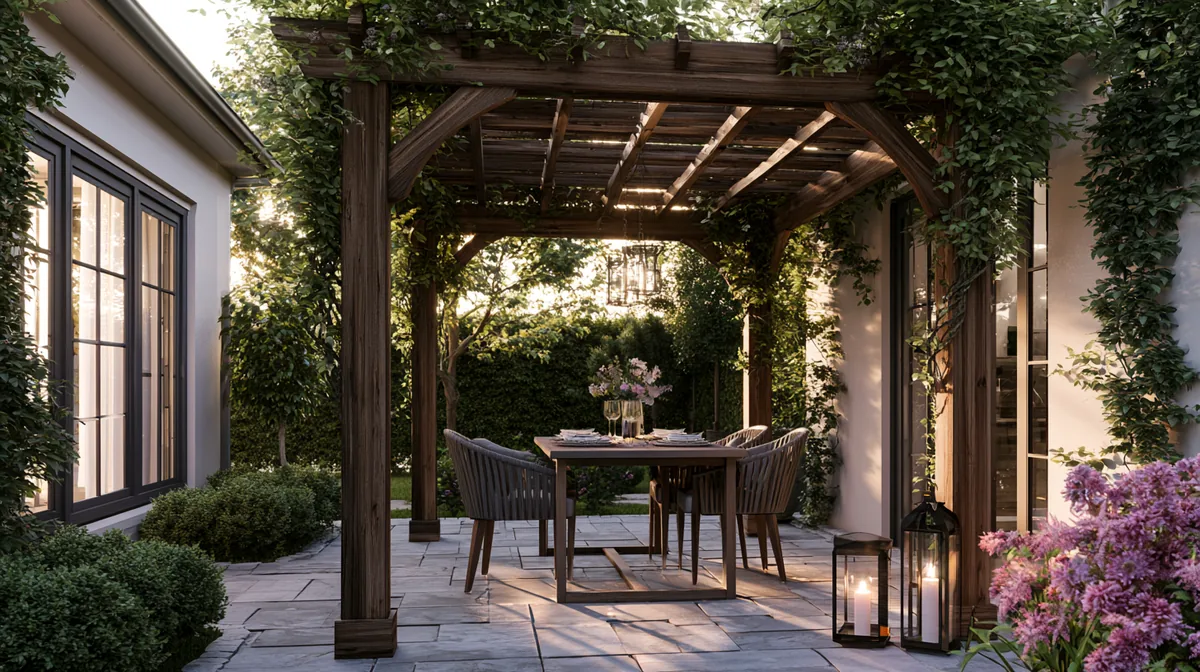 Compact freestanding wooden pergola on a paved patio, photo 3 of 3