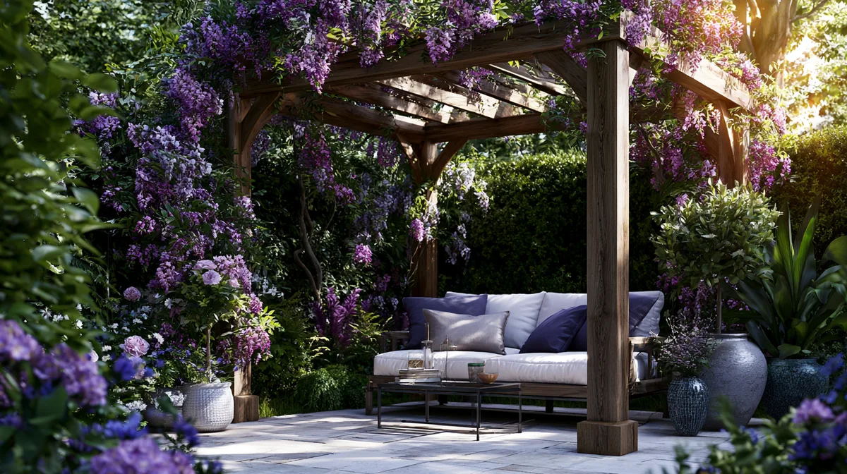 Corner pergola fitted into a small L-shaped patio, photo 1 of 4