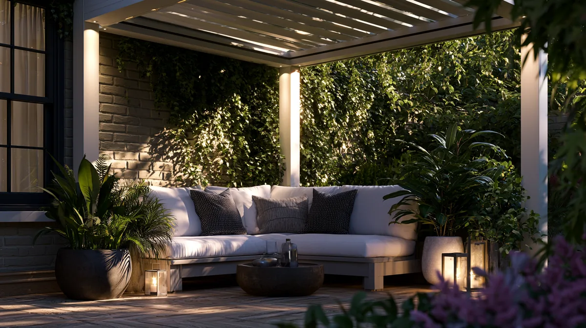 Corner pergola fitted into a small L-shaped patio, photo 2 of 4