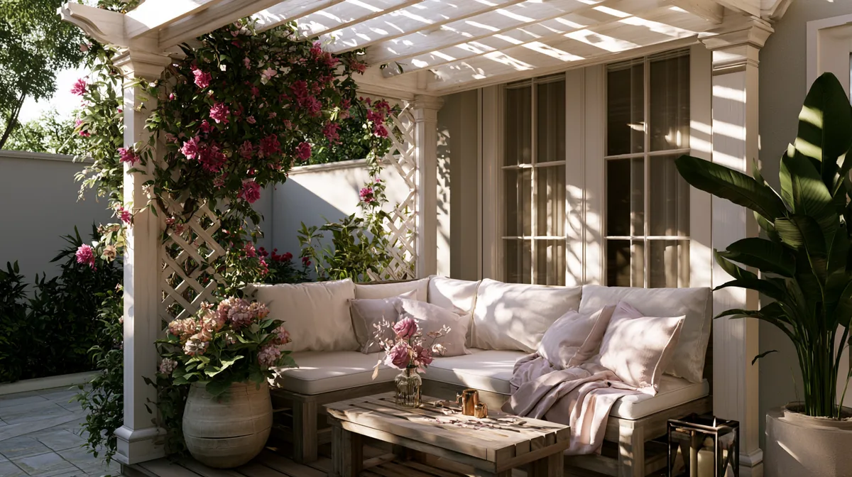 Corner pergola fitted into a small L-shaped patio, photo 3 of 4