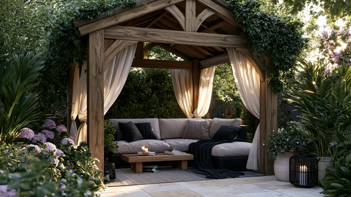 Gable-roof pergola with a peaked wooden top over a patio, photo 1 of 4