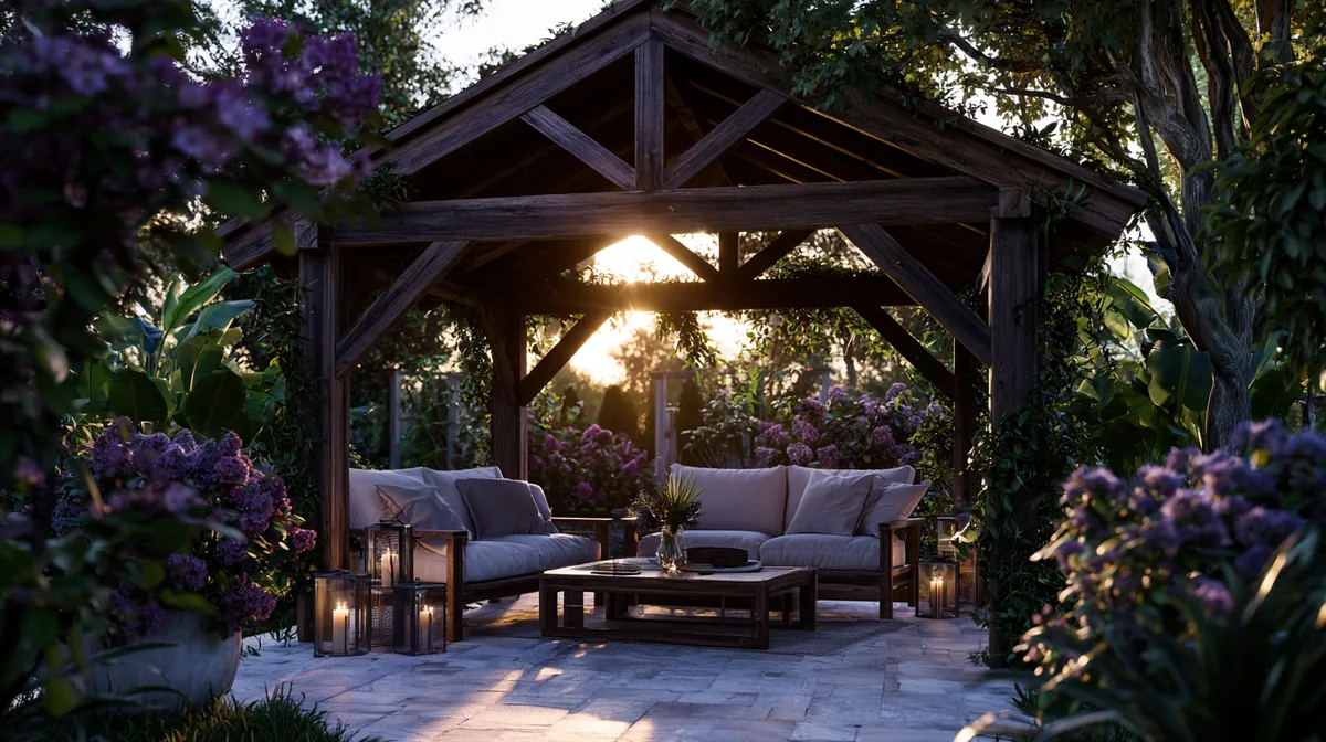 Gable-roof pergola with a peaked wooden top over a patio, photo 2 of 4