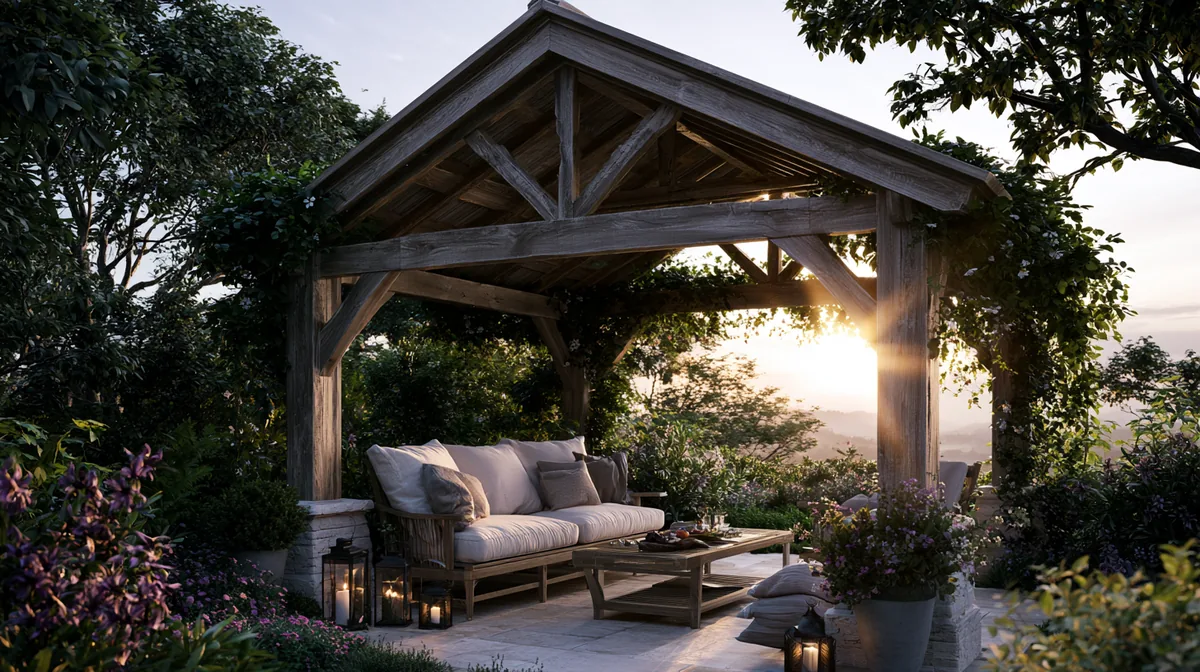 Gable-roof pergola with a peaked wooden top over a patio, photo 3 of 4
