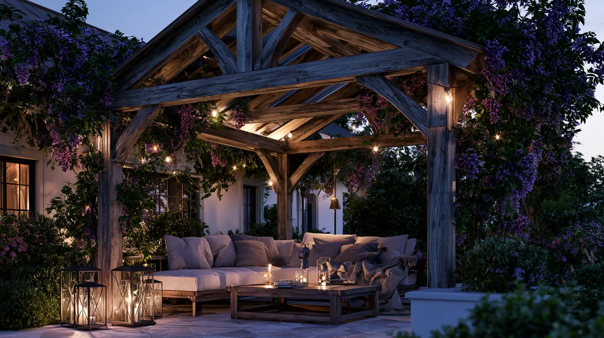 Gable-roof pergola with a peaked wooden top over a patio, photo 4 of 4