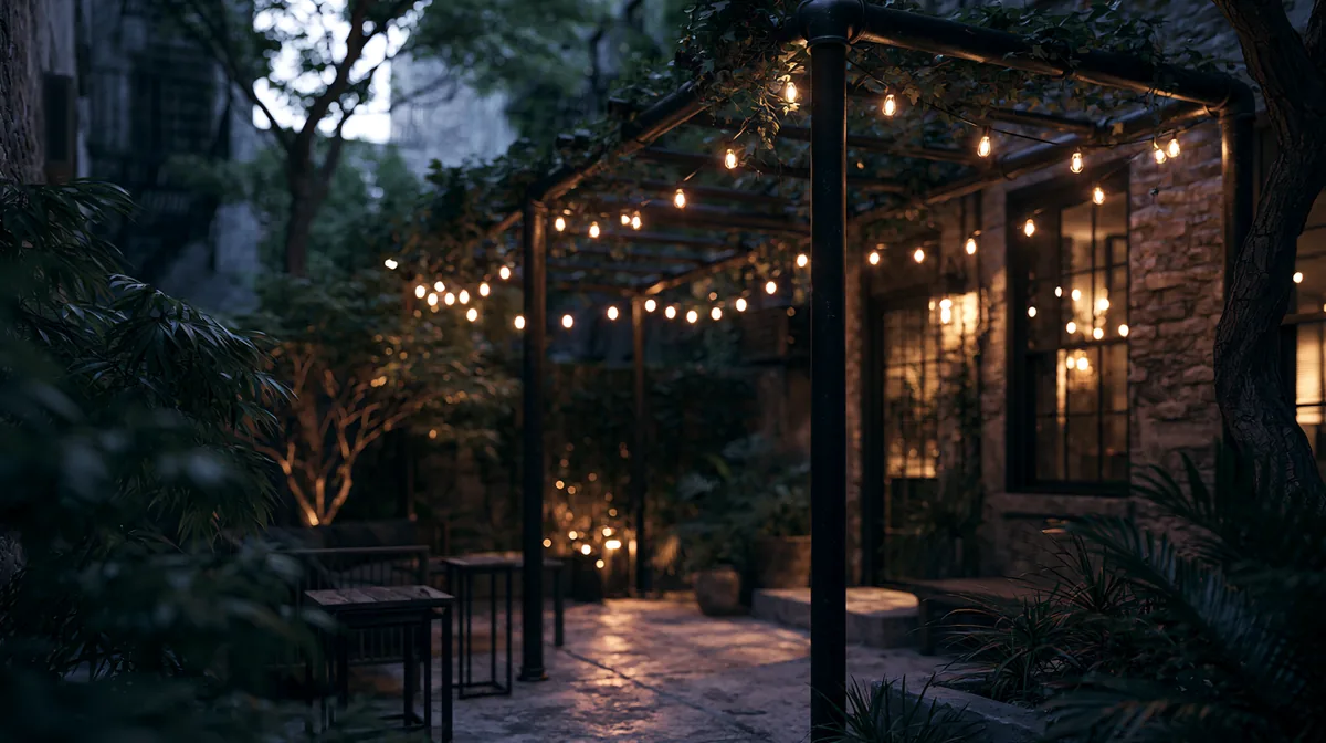 Industrial pipe pergola with black metal poles on a patio, photo 1 of 4