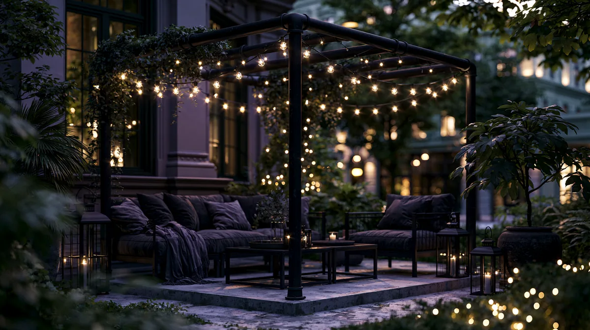 Industrial pipe pergola with black metal poles on a patio, photo 2 of 4