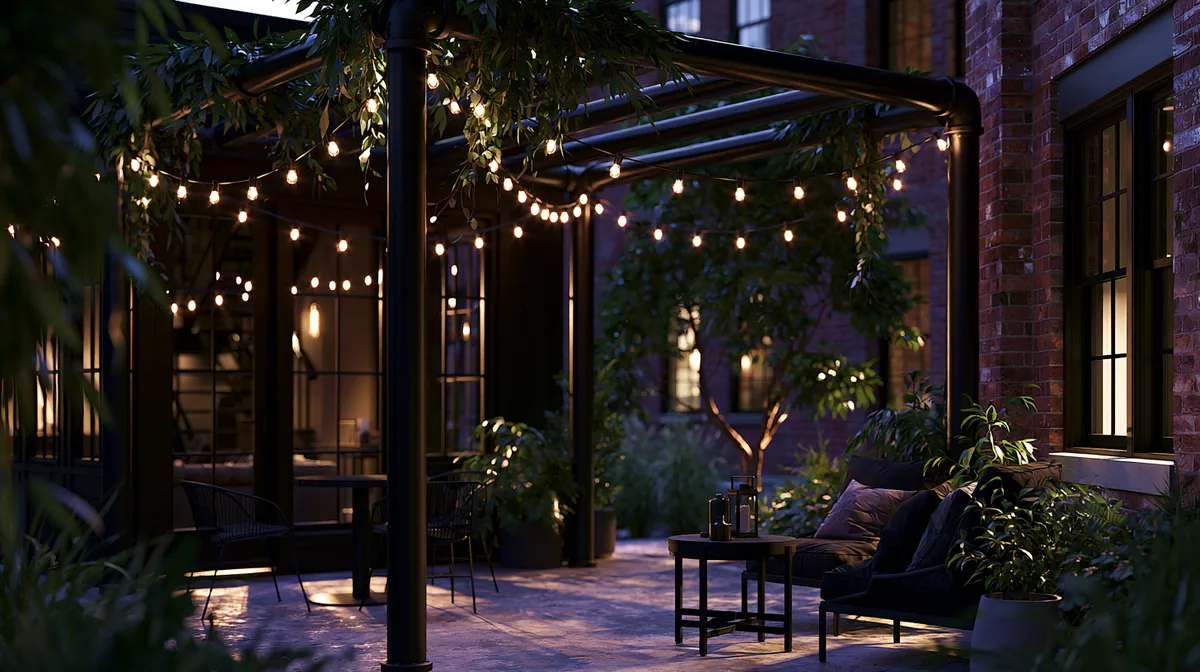 Industrial pipe pergola with black metal poles on a patio, photo 3 of 4