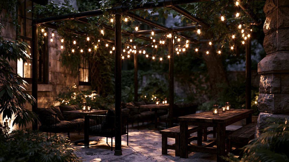 Industrial pipe pergola with black metal poles on a patio, photo 4 of 4