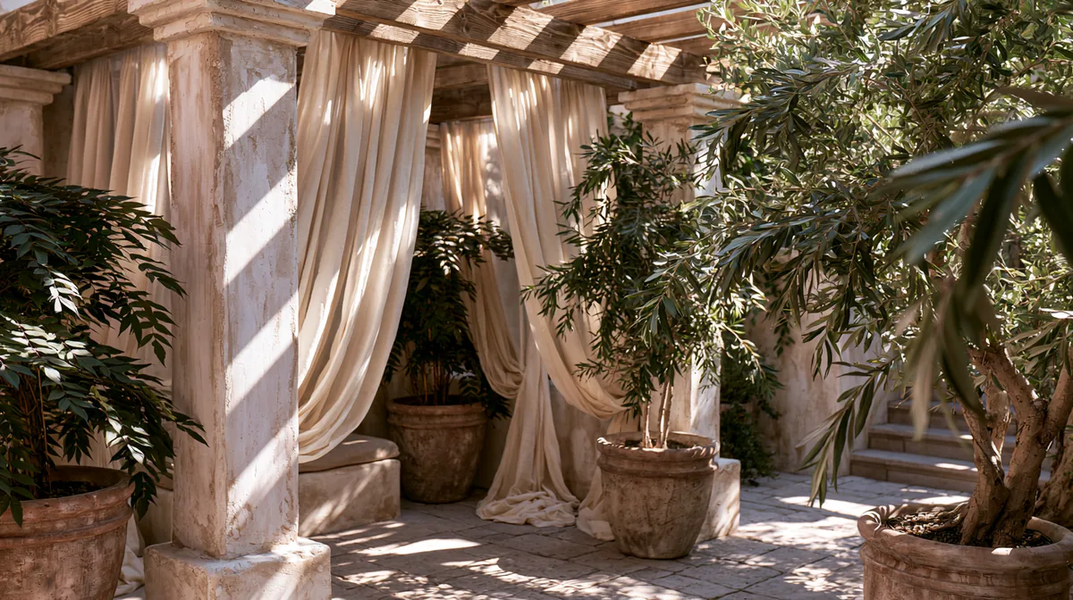 Mediterranean-style pergola with whitewashed posts and climbing vines, photo 1 of 4