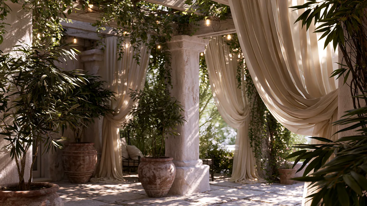 Mediterranean-style pergola with whitewashed posts and climbing vines, photo 2 of 4