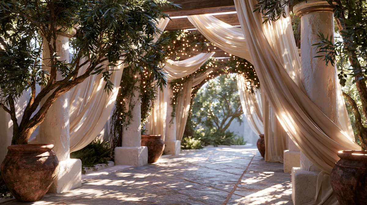 Mediterranean-style pergola with whitewashed posts and climbing vines, photo 3 of 4