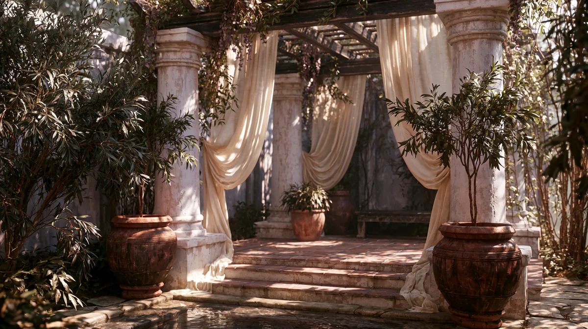 Mediterranean-style pergola with whitewashed posts and climbing vines, photo 4 of 4