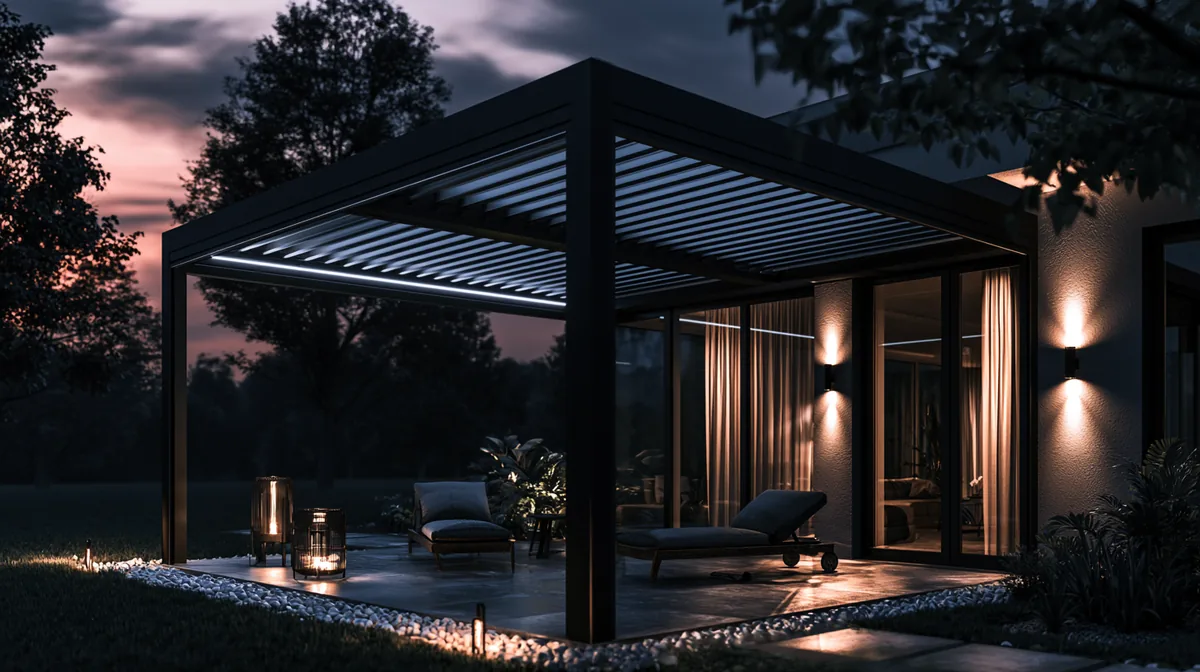 Modern louvered-roof aluminum pergola over a small patio, photo 2 of 4