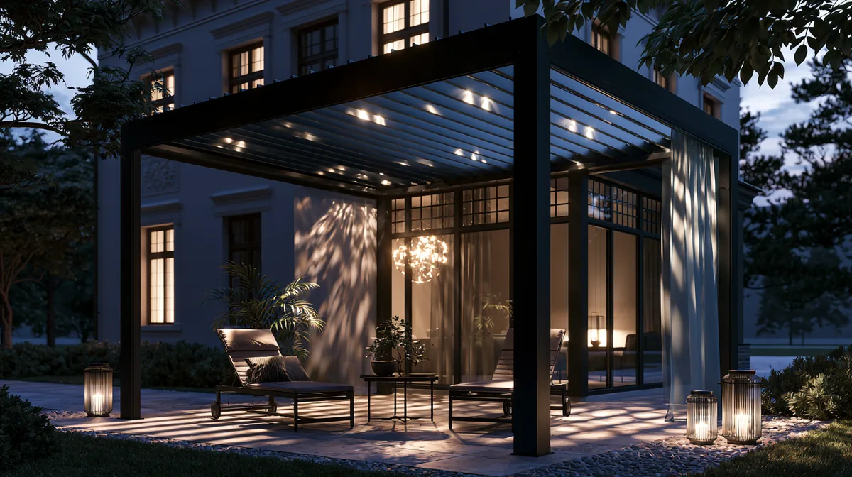 Modern louvered-roof aluminum pergola over a small patio, photo 3 of 4