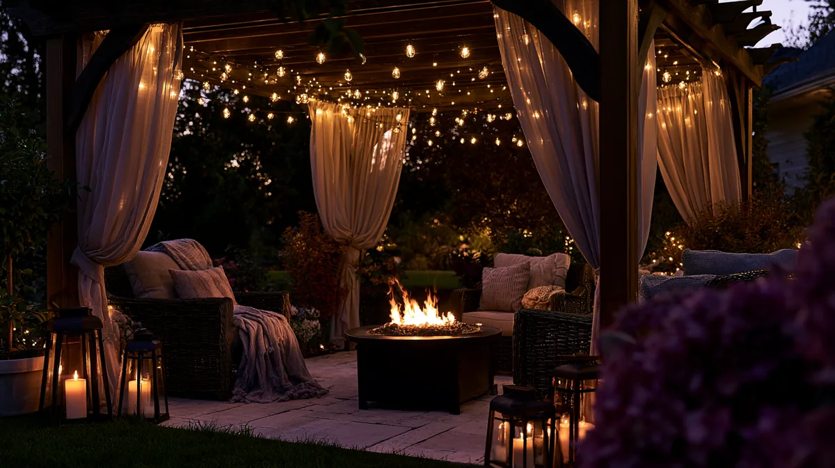 Pergola over a small patio with a central fire pit and seating, photo 1 of 4