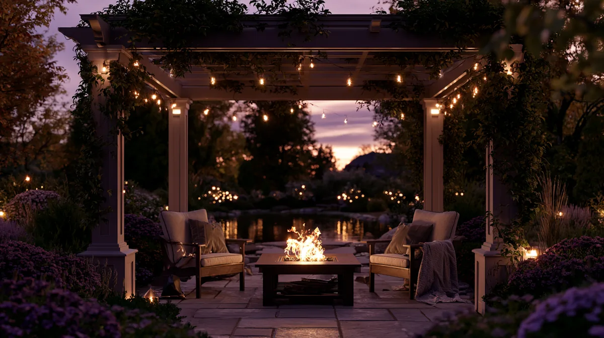 Pergola over a small patio with a central fire pit and seating, photo 2 of 4