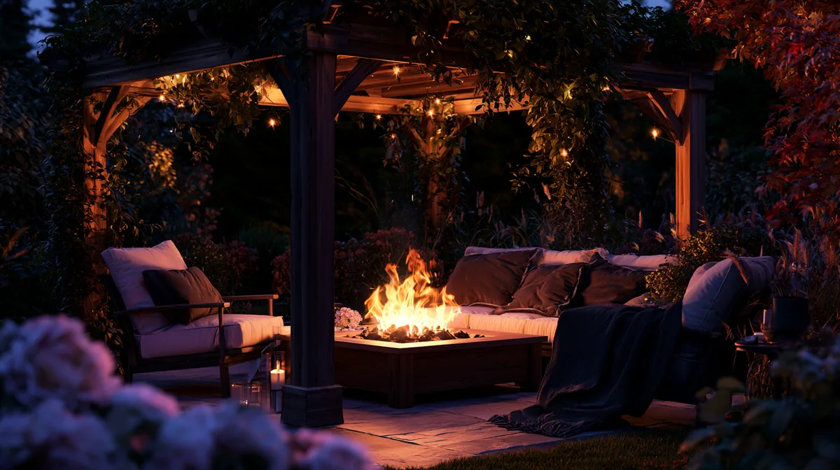 Pergola over a small patio with a central fire pit and seating, photo 3 of 4