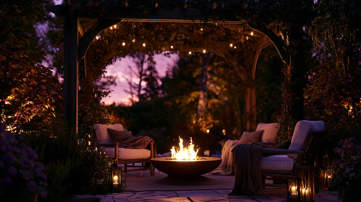 Pergola over a small patio with a central fire pit and seating, photo 4 of 4
