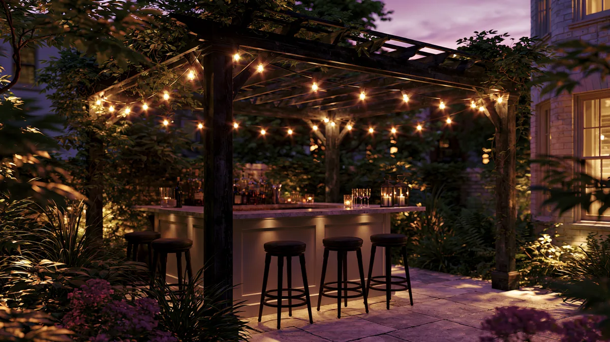 Pergola with a built-in bar counter and stools on a patio, photo 1 of 4