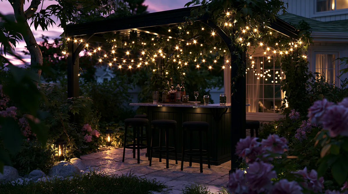 Pergola with a built-in bar counter and stools on a patio, photo 2 of 4