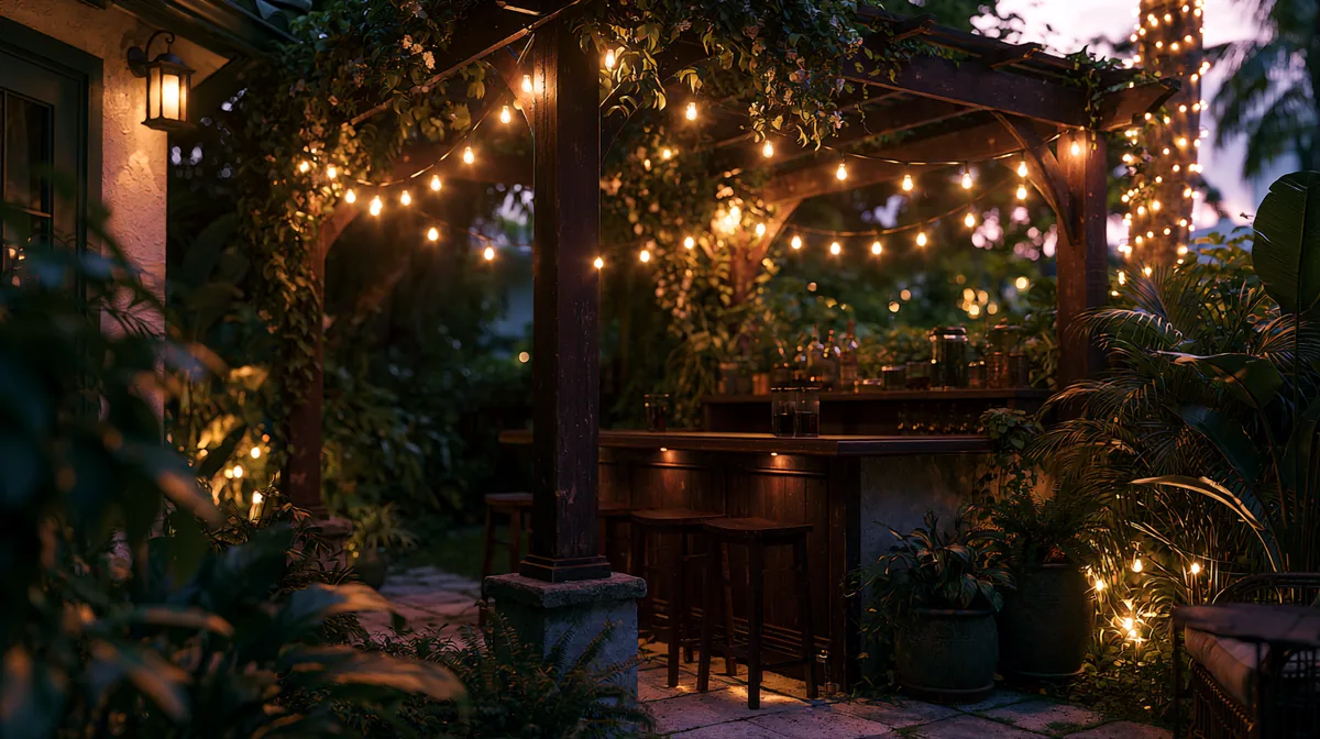 Pergola with a built-in bar counter and stools on a patio, photo 3 of 4