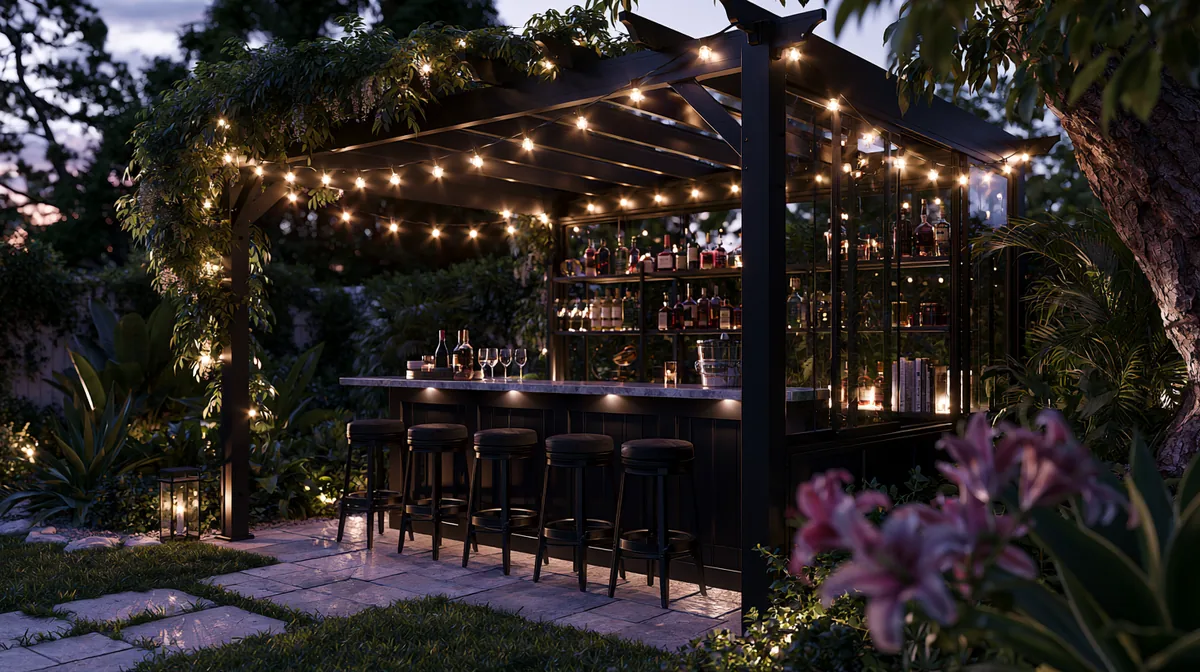 Pergola with a built-in bar counter and stools on a patio, photo 4 of 4