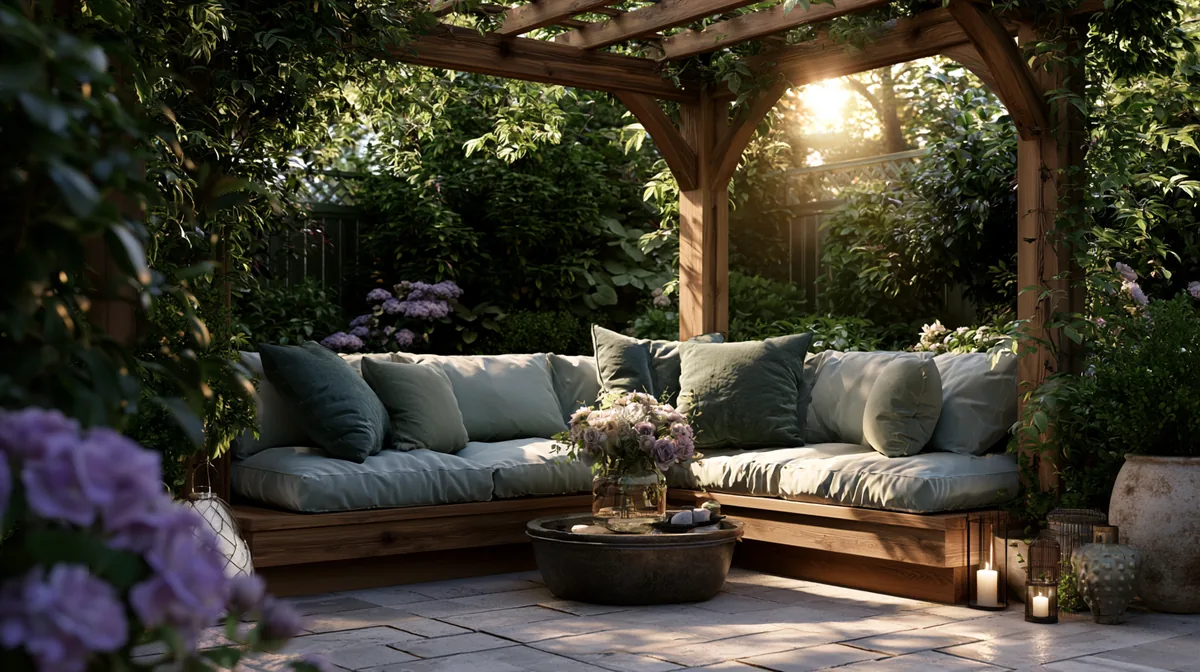 Pergola with built-in bench seating around a small patio, photo 1 of 4