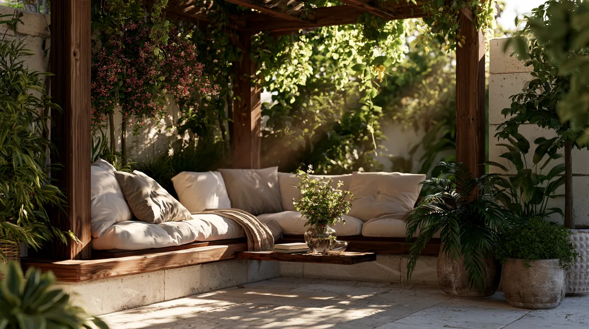 Pergola with built-in bench seating around a small patio, photo 2 of 4