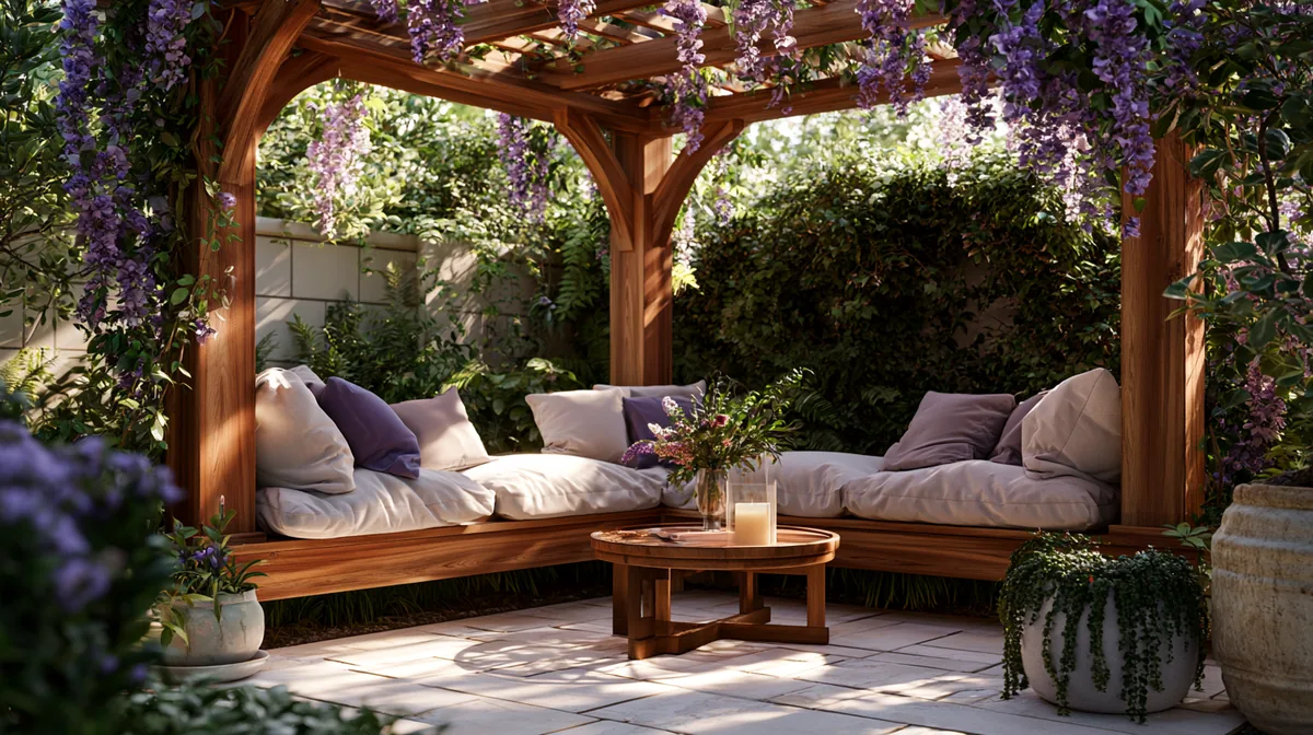 Pergola with built-in bench seating around a small patio, photo 3 of 4