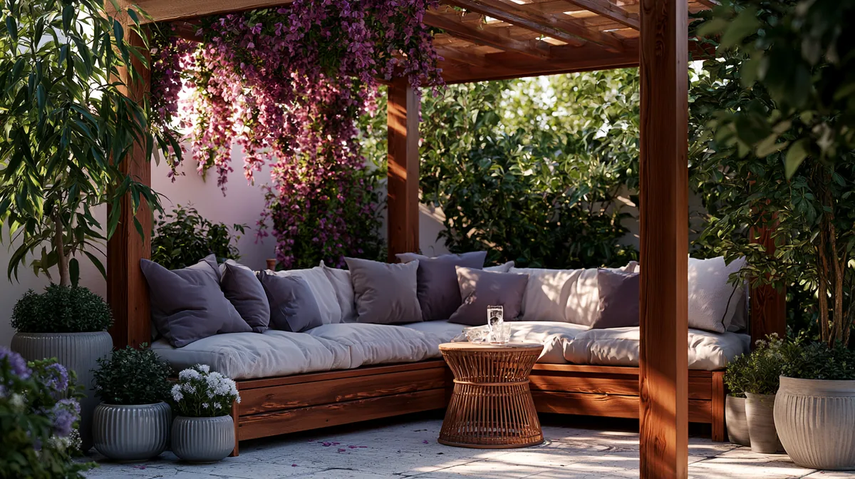 Pergola with built-in bench seating around a small patio, photo 4 of 4