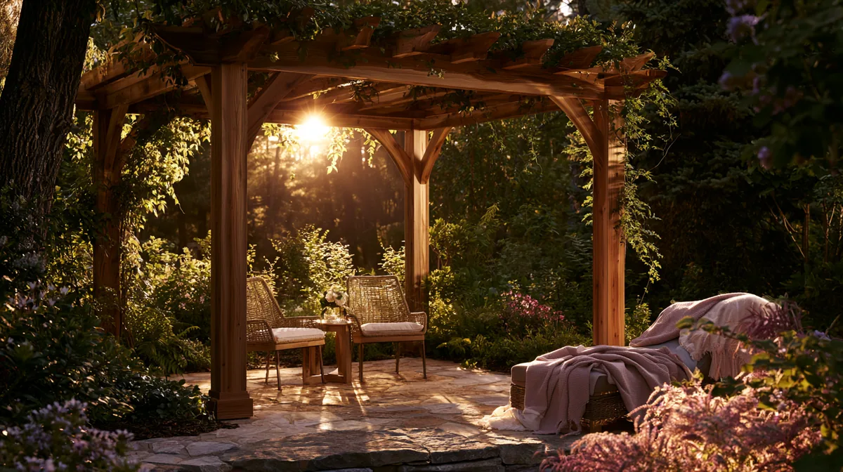Rich cedar-wood pergola on a small stone patio, photo 2 of 4