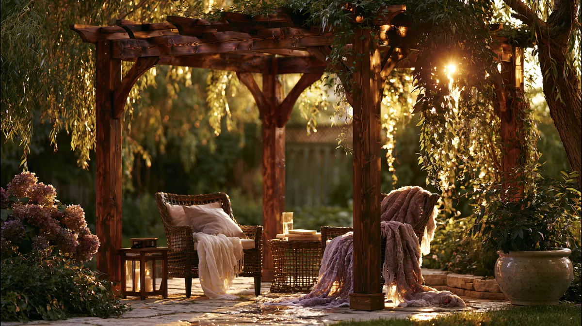 Rich cedar-wood pergola on a small stone patio, photo 3 of 4