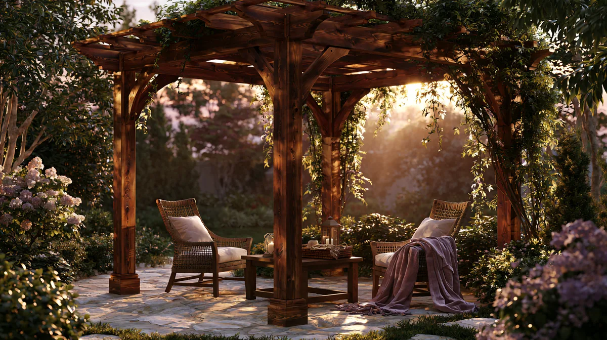 Rich cedar-wood pergola on a small stone patio, photo 4 of 4