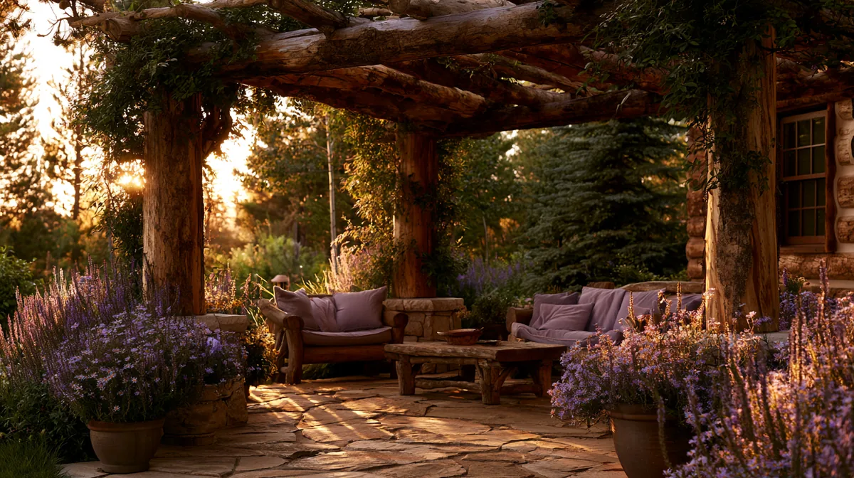 Rustic log pergola with thick natural timber on a country patio, photo 1 of 3