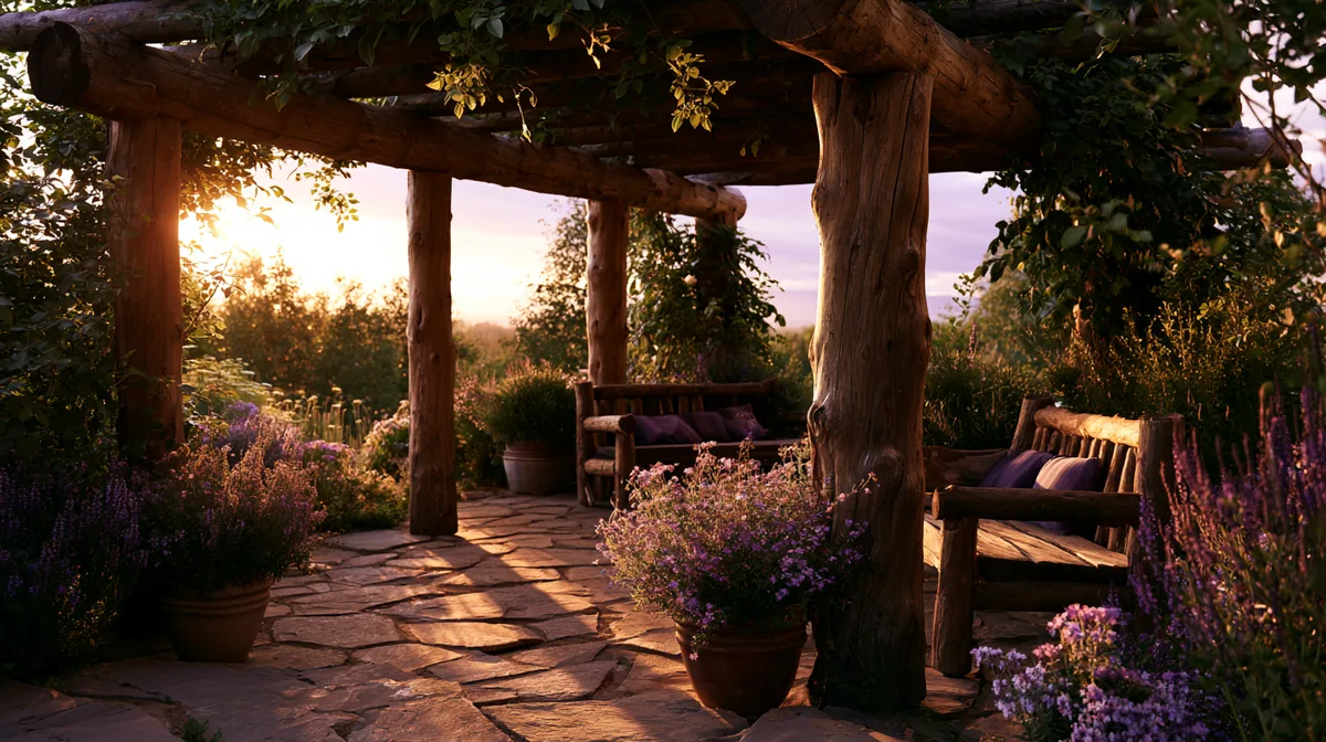 Rustic log pergola with thick natural timber on a country patio, photo 2 of 3