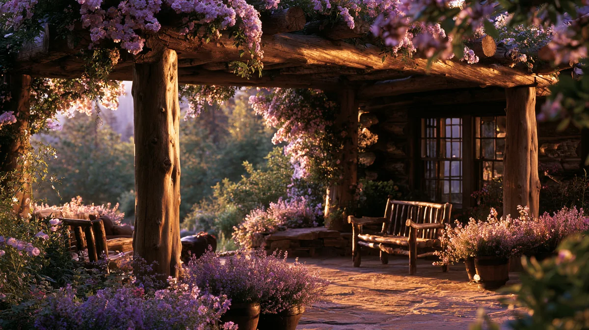 Rustic log pergola with thick natural timber on a country patio, photo 3 of 3