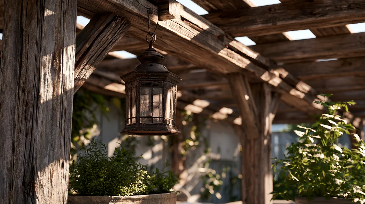 Rustic reclaimed-wood pergola on a backyard patio, photo 1 of 4