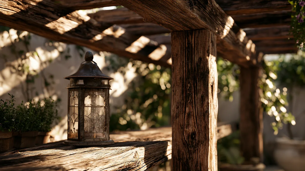 Rustic reclaimed-wood pergola on a backyard patio, photo 2 of 4