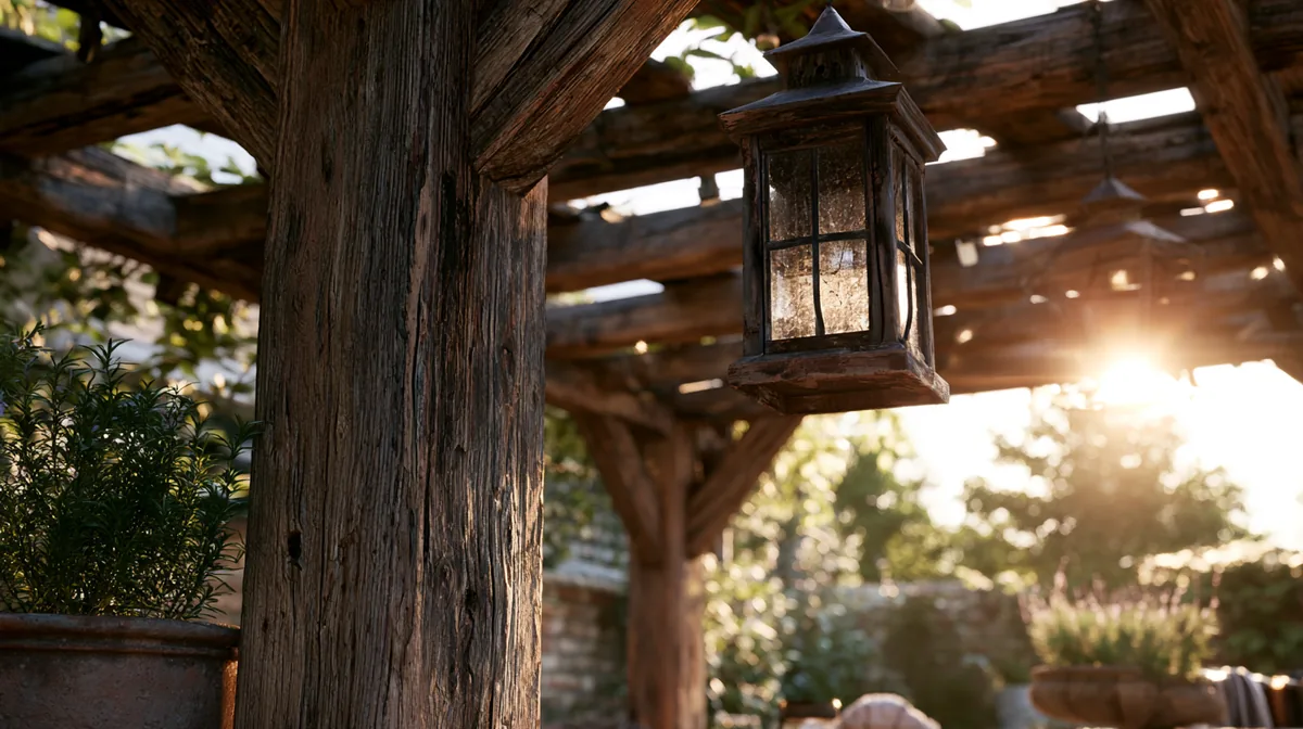Rustic reclaimed-wood pergola on a backyard patio, photo 3 of 4