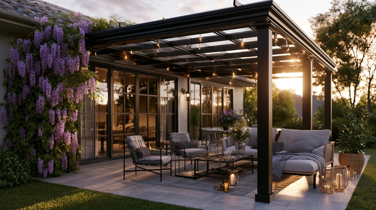 Sleek black metal-frame pergola on a tidy backyard patio, photo 1 of 4
